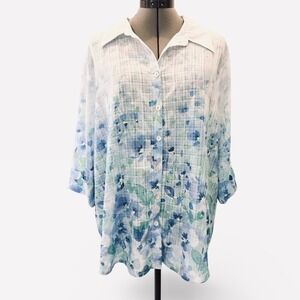 Alfred Dunner Womens XL Blue Watercolor Floral Grid Button Up 3/4 Sleeve Blouse